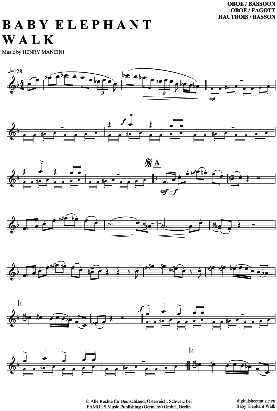 Baby Elephant Walk (Oboe  Fagott) (Oboe Fagott) von Henry Mancini (mit ausnotierten Soli)
