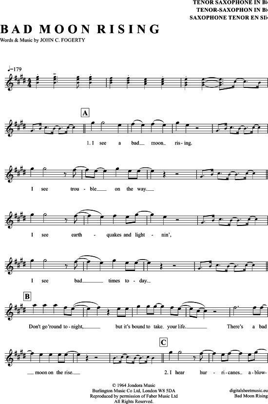 Bad Moon Rising (Tenor-Sax) (Tenor Saxophon) von Creedence Clearwater Revival