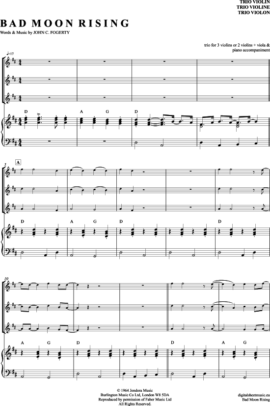 Bad Moon Rising (Violinen Trio + Klavier) (Trio (Violine)) von Creedence Clearwater Revival