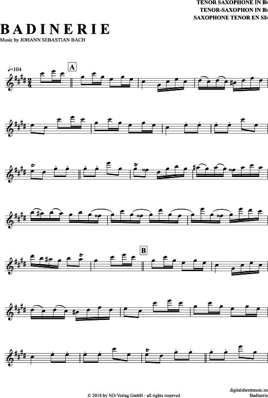Badinerie (Tenor-Sax) (Tenor Saxophon) von Johann Sebastian Bach