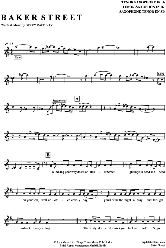 Baker Street (Tenor-Sax) (Tenor Saxophon) von Gerry Rafferty