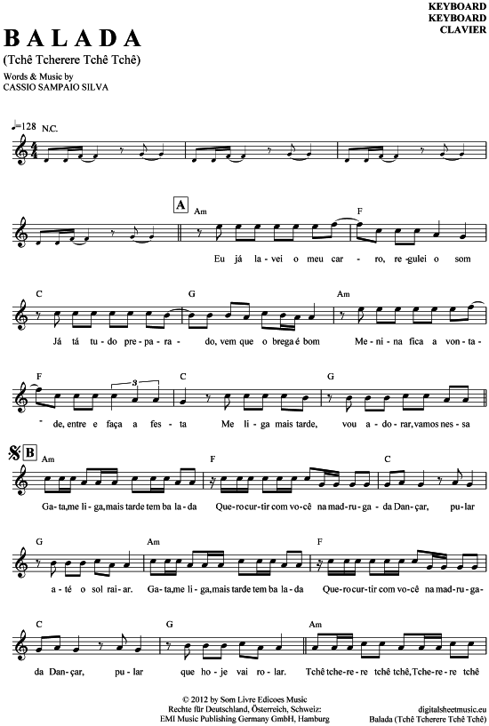 Balada Tche Tcherere Tche Tche Keyboard PDF Noten von Gusttavo Lima in A Moll 7060230