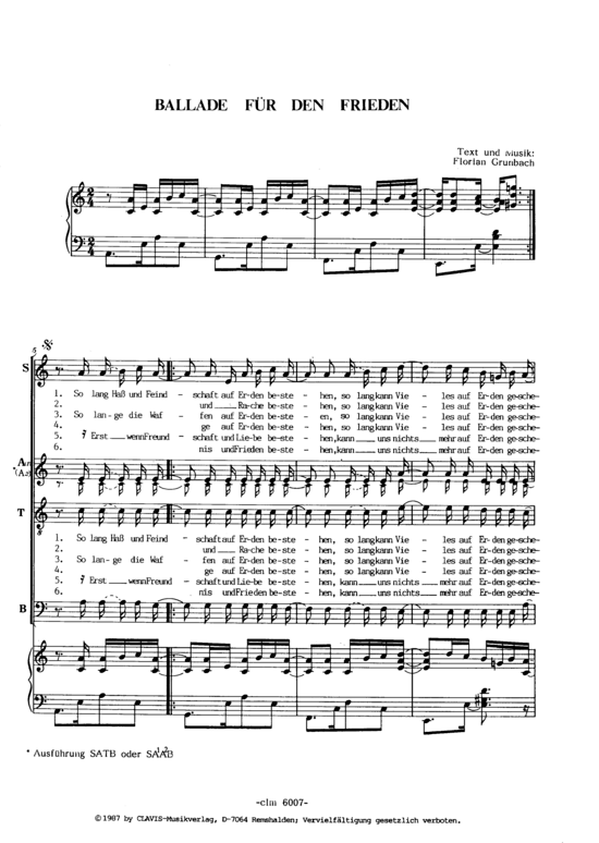 Ballade f uuml r den Frieden (Gemischter Chor + Klavier) (Gemischter Chor Klavier) von Florian Grunbach