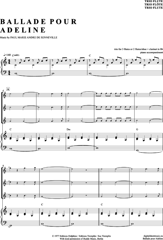 Ballade Pour Adeline (Fl ten Trio + Klavier) (Trio (Fl te)) von Richard Clayderman