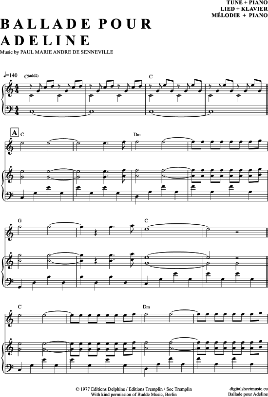 Ballade Pour Adeline (Klavier Solo + opt. Melodieinstrument) (Klavier Solo) von Richard Clayderman