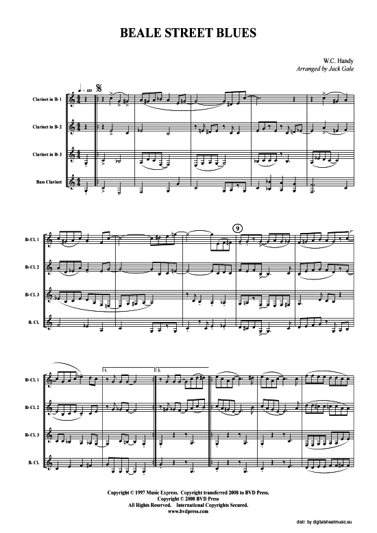 Beale Street Blues (3xKLAR in B Bass-KLAR) (Quartett (Klarinette)) von Traditional (arr. Gale)