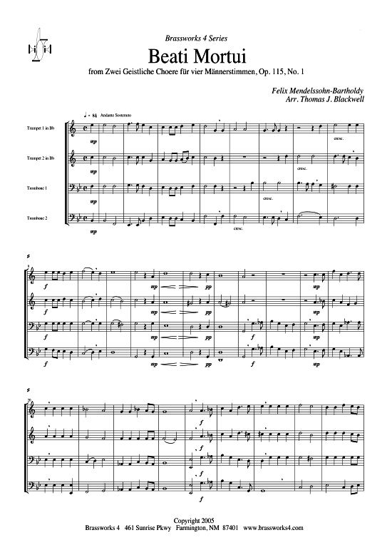 Beati Mortui (2xTromp in B Horn in F (Pos) Pos) (Quartett (Blech Brass)) von Felix von Mendelssohn-Bartholdy (Op. 115 Nr. 1