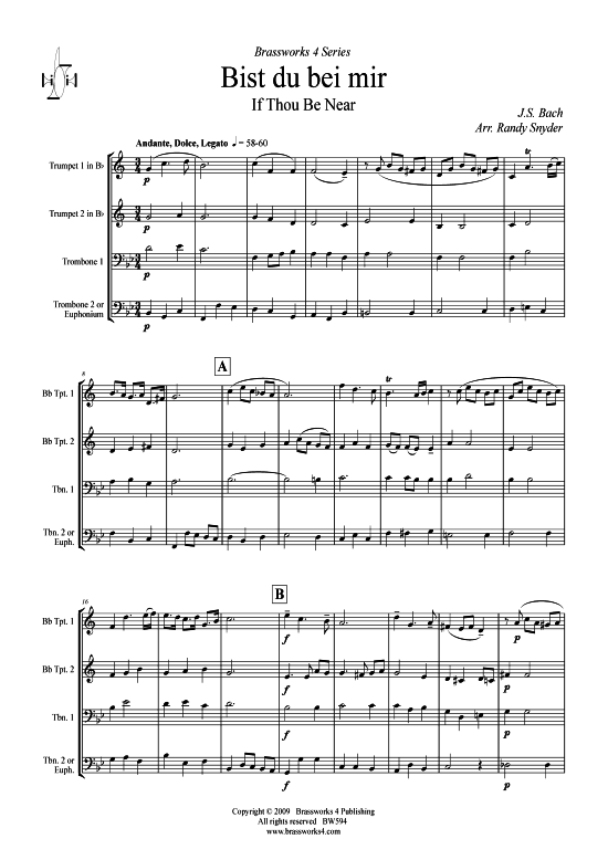 Bist du bei mir (2xTromp in B Horn in F (Pos) Pos) (Quartett (Blech Brass)) von J. S. Bach