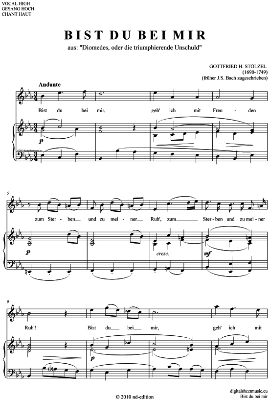 Bist du bei mir (hoch Es - As ) (Klavier  Gesang) von Gottfried Heinrich St lzel (1690-1749)  fr her Bach zugeschrieben