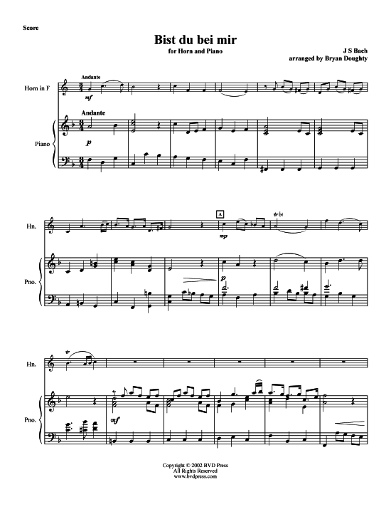Bist du bei mir (Horn in F und Klavier) (Klavier  Horn) von J. S. Bach (arr. Doughty)
