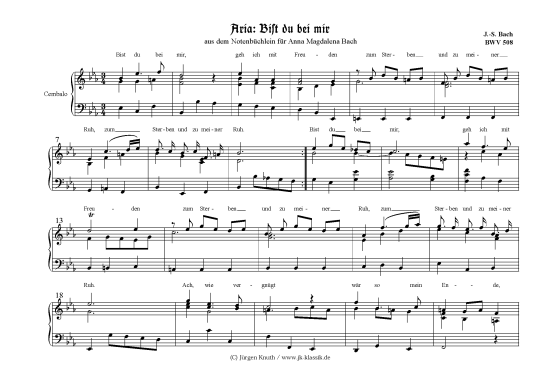 Bist du bei mir (Klavier Cembalo Orgel) BWV508 aus dem Notenbuch Anna Magdalena Bach (Orgel Solo) von Johann-Sebastian Bach (1685-1750)