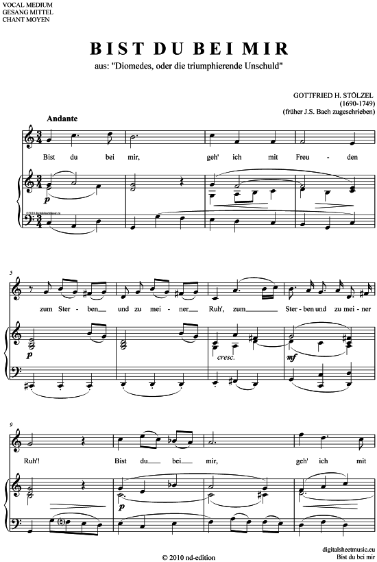 Bist du bei mir (mittel C - F ) (Klavier  Gesang) von Gottfried Heinrich St lzel (1690-1749)  fr her Bach zugeschrieben