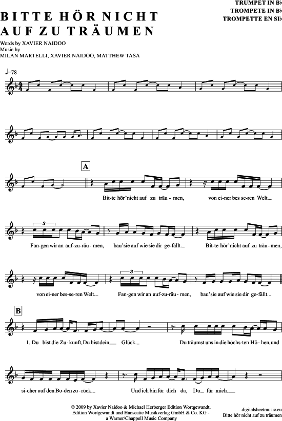 Bitte h ouml r nicht auf zu tr auml umen (Trompete in B) (Trompete) von Xavier Naidoo