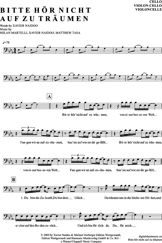 Bitte h ouml r nicht auf zu tr auml umen (Violon-Cello) (Violoncello) von Xavier Naidoo