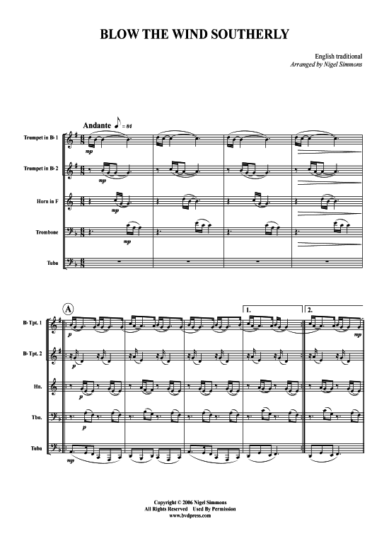 Blow the Wind Southerly (Blechbl serquintett) (Quintett (Blech Brass)) von traditional (arr. Simmons)