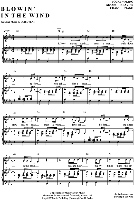 Blowin In The Wind Deutsch Blowin in the wind Klavier + Gesang - PDF Noten von Bob Dylan in Es Dur