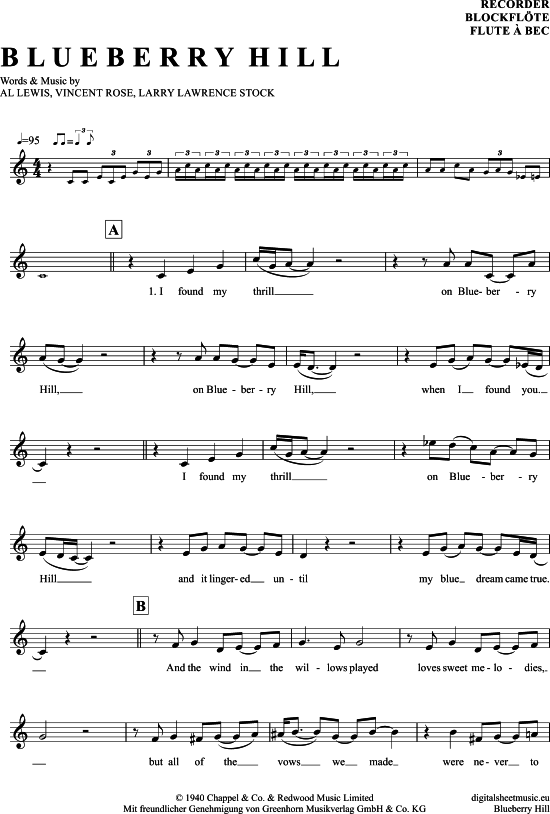 Blueberry Hill (Blockfl te) (Blockfl te) von Fats Domino