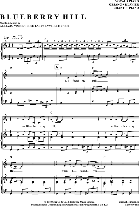 Blueberry Hill (Klavier + Gesang) (Klavier Gesang  Gitarre) von Fats Domino