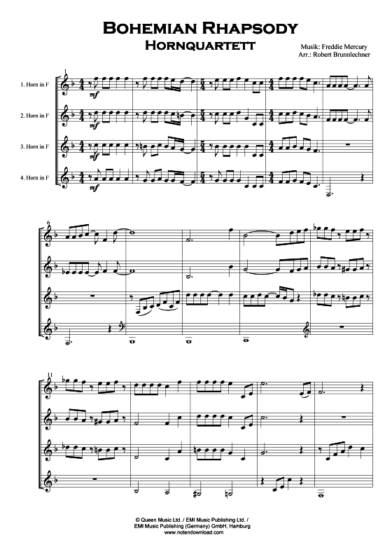 Bohemian Rhapsody (Hornquartett) (Quartett (Horn)) von Queen (arr. Robert Brunnlechner)