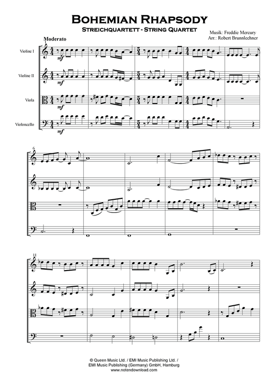 Bohemian Rhapsody (Streichquartett) (Quartett (Streicher)) von Queen (arr. Robert Brunnlechner)