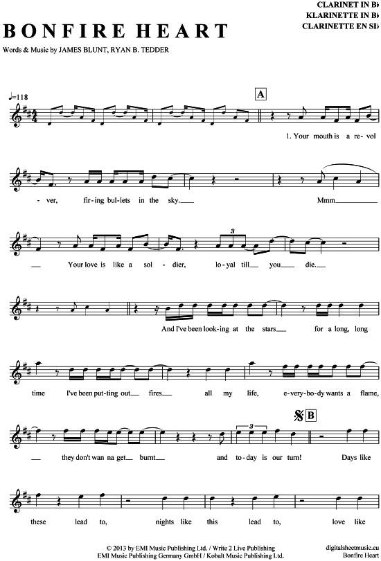 Bonfire Heart (Klarinette in B) (Klarinette) von James Blunt