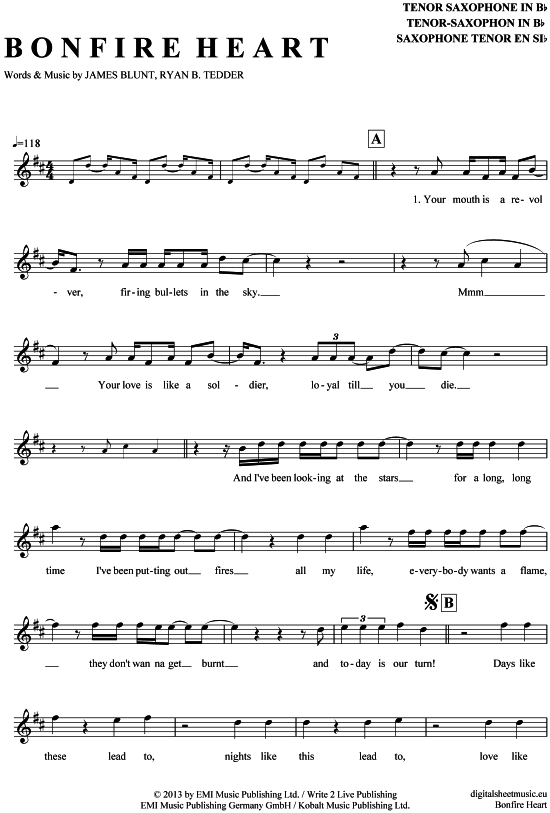 Bonfire Heart (Tenor-Sax) (Tenor Saxophon) von James Blunt