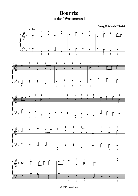Bourree (Klavier solo einfach) (Klavier einfach) von G. F. H ndel (bearb. aus Wassermusik)