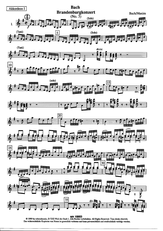 Brandenburgkonzert Nr. 3 (Akkordeon 1) (Akkordeonorchester) von J. S. Bach (arr. J uuml rgen Maxim)