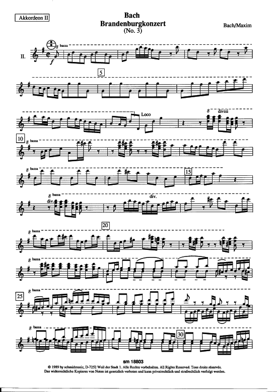 Brandenburgkonzert Nr. 3 (Akkordeon 2) (Akkordeonorchester) von J. S. Bach (arr. J uuml rgen Maxim)