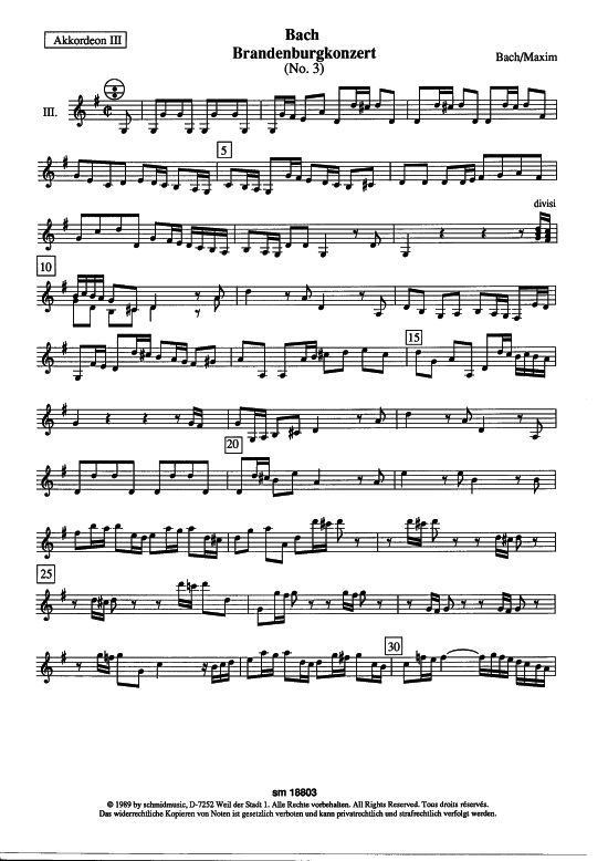 Brandenburgkonzert Nr. 3 (Akkordeon 3) (Akkordeonorchester) von J. S. Bach (arr. J uuml rgen Maxim)