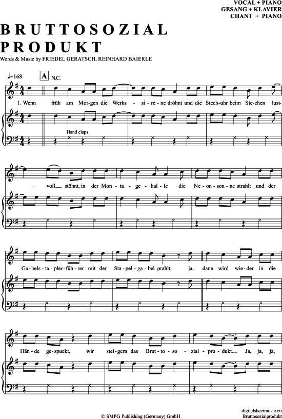 Bruttosozialprodukt Klavier + Gesang PDF Noten von Geier Sturzflug in