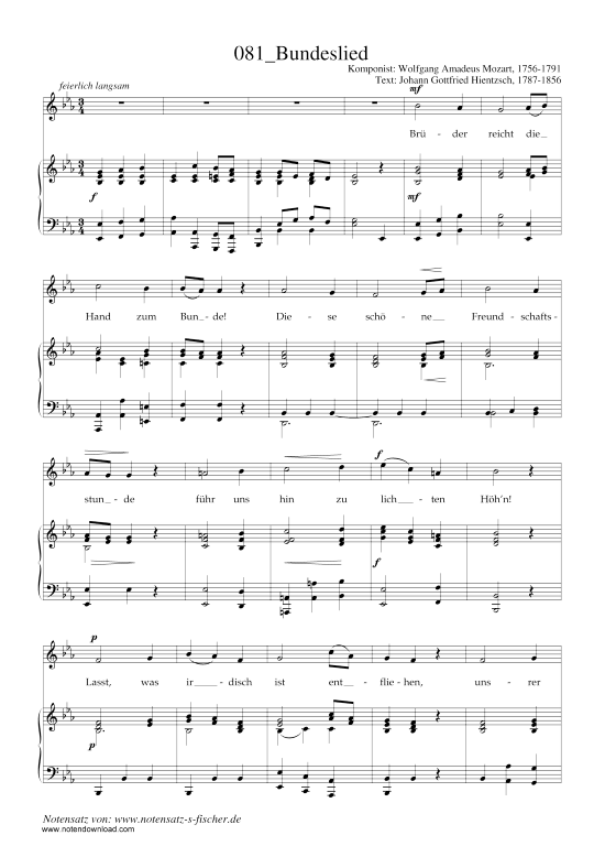 Bundeslied (Klavier + Gesang) (Klavier  Gesang) von Wolfgang Amadeus Mozart (1756-1791)