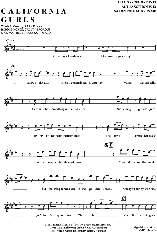 California gurls AltSax PDF Noten von Katy Perry feat. Snoop Dogg in
