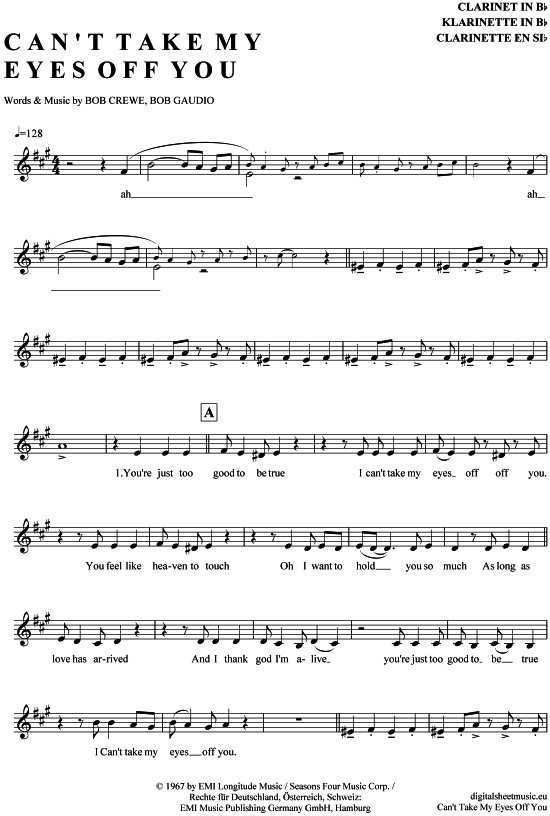 Can acute t Take My Eyes Off You (Klarinette in B) (Klarinette) von Hermes House Band Frankie Valli Gloria Gaynor