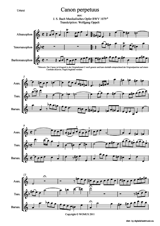 Canon perpetuus aus Musikalisches Opfer BWV 1079 (Saxophon Trio ATB) (Urtext) (Trio (Saxophon)) von Johann Sebastian Bach (arr. WO)