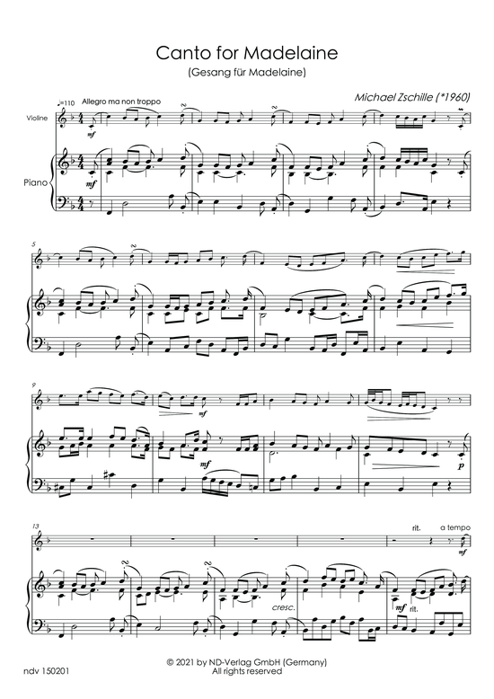 Canto for Madelaine (Violine und Klavier) (Klavier  Violine) von Michael Zschille