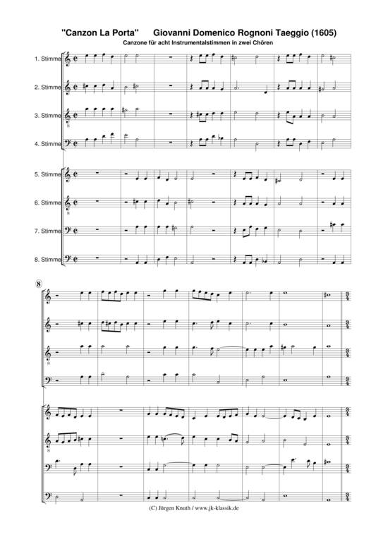Canzon La Porta (Gemischtes Ensemble f r 8 Instrumentalstimmen in 2 Ch ren) (Ensemble (Gemischt)) von Giovanni Domenico Rognoni Taeggio (1605)