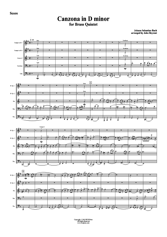Canzona in D-Moll (Blechbl serquintett) (Quintett (Blech Brass)) von J. S. Bach (arr. Beyrent)