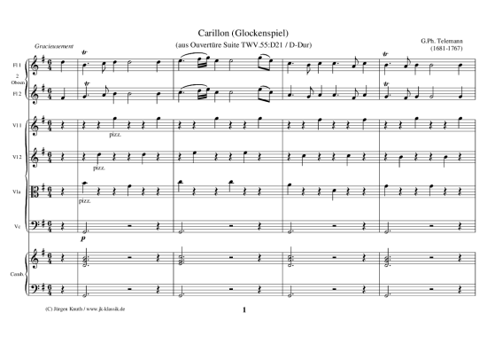 Carillon (Glockenspiel aus Ouvert re Suite TWV.55 D21  D-Dur) (Gemischtes Ensemble f r 2x Querfl te Oboe Streicher Quartett + Cembalo Klavier) (Ensemble (Gemischt)) von Georg Philipp Telemann