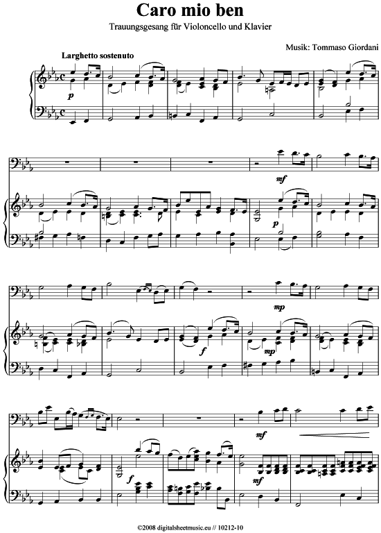Caro mio ben (Cello + Klavier) (Klavier  Violoncello) von Tommaso Giordani (Trauungsgesang)