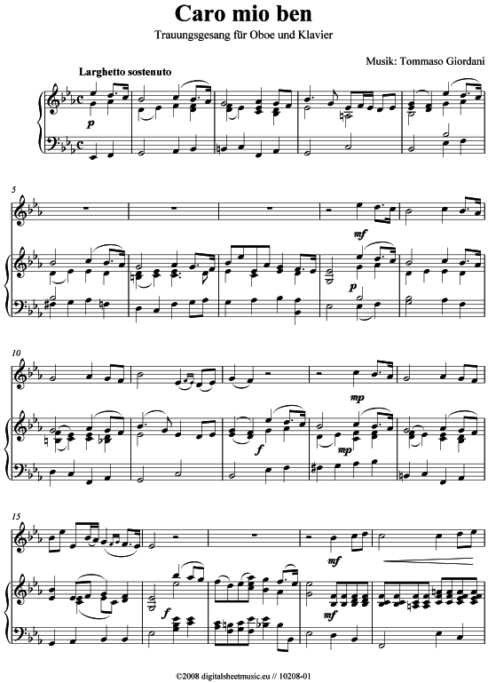 Caro mio ben (Oboe + Klavier) (Klavier  Oboe) von Tommaso Giordani (Trauungsgesang)