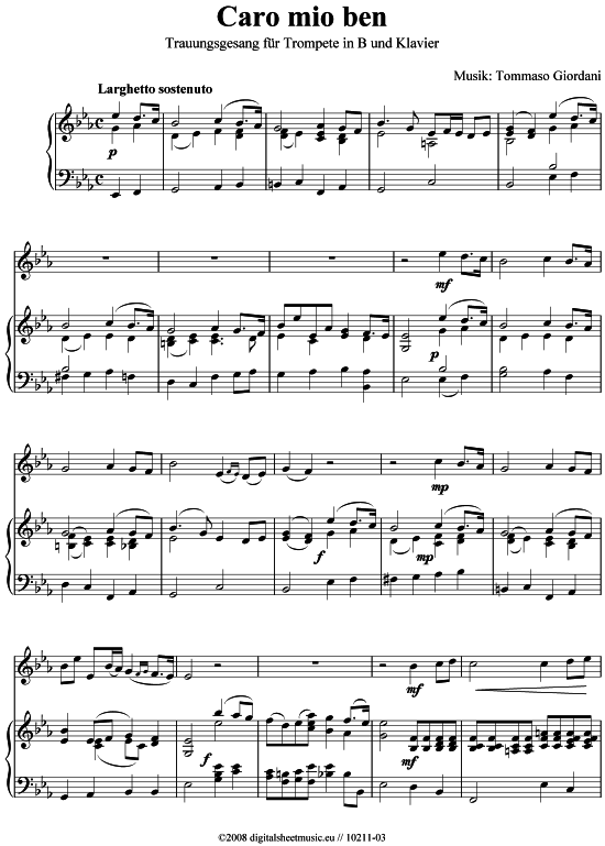 Caro mio ben (Trompete + Klavier) (Klavier  Trompete) von Tommaso Giordani (Trauungsgesang)