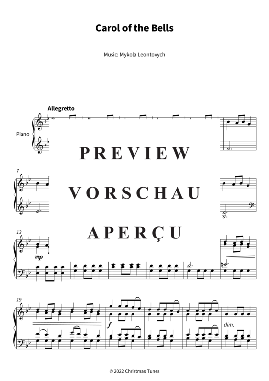 Carol Of The Bells Noten Klavier Einfach Carol of the Bells Klavier Solo - PDF Noten von Mykola Leontovych in G
