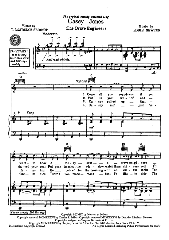 Casey Jones The Brave Engineer Klavier + Gesang PDF Noten von Eddy