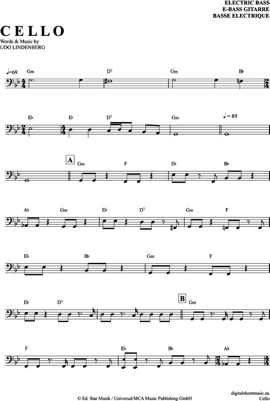 Cello E-Bass - PDF Noten von Udo Lindenberg in G Moll - 7140535