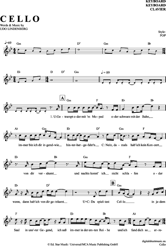 Cello Keyboard PDF Noten von Udo Lindenberg in G Moll 7060557