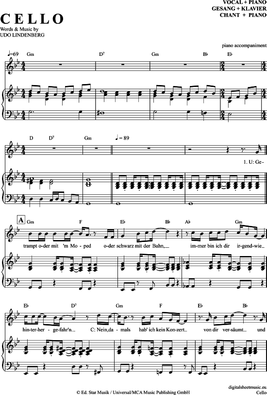 Cello (Klavier Begleitung + Gesang) (Klavier Gesang  Gitarre) von Udo Lindenberg