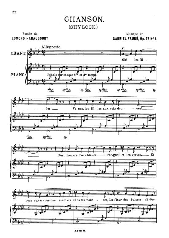 Chanson Op.57 No.1 (Gesang mittel + Klavier) (Klavier  Gesang mittel) von Gabriel Faur 