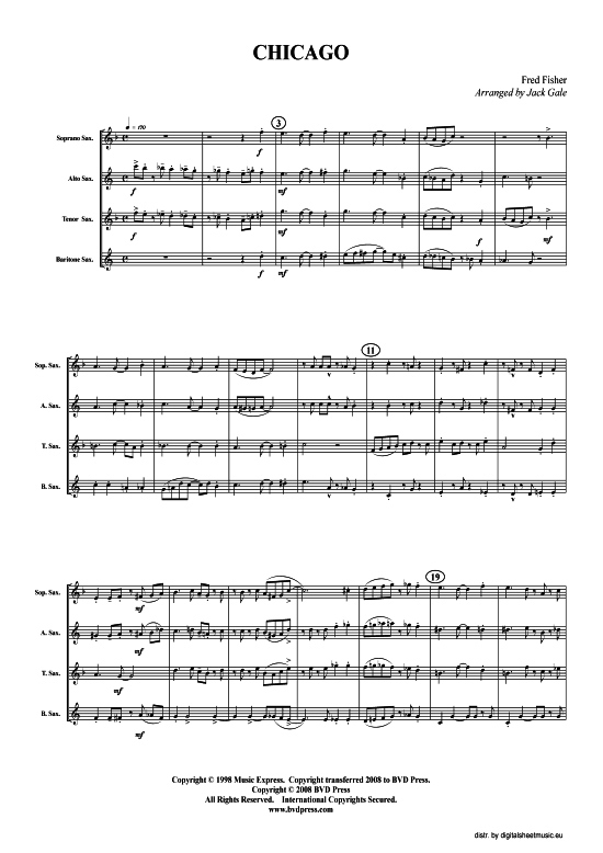 Chicago (Saxophon-Quartett S(A)ATB) (Quartett (Saxophon)) von Fred Fisher (arr. Jack Gale)
