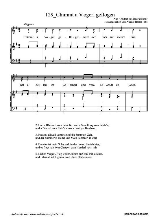 Chimmt a Vogerl geflogen (Klavier + Gesang) (Klavier  Gesang) von Aus Deutsches Liederlexikon A. H rtel (1865)